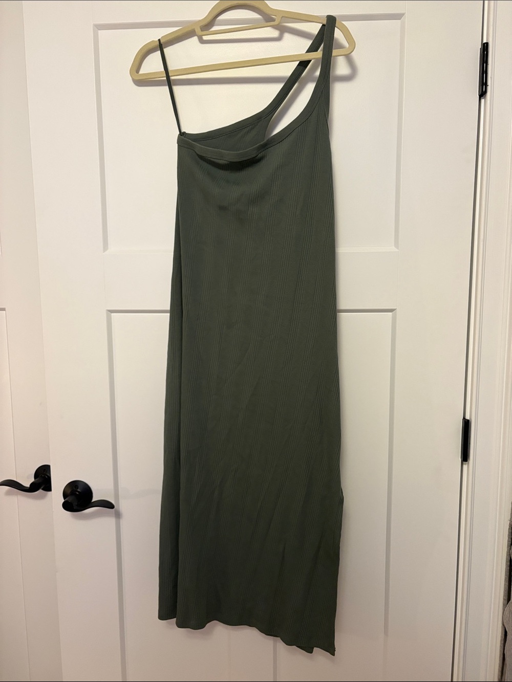Muted Green One-Shoulder Ribbed Midi Dress